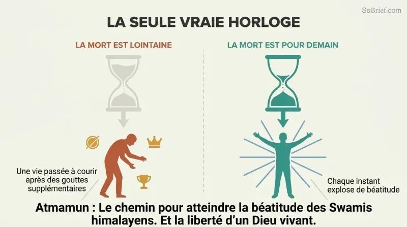Split panel contrasting abstract versus visceral awareness of death, showing how a distant hourglass leads to wasted life while a nearly empty hourglass awakens bliss.