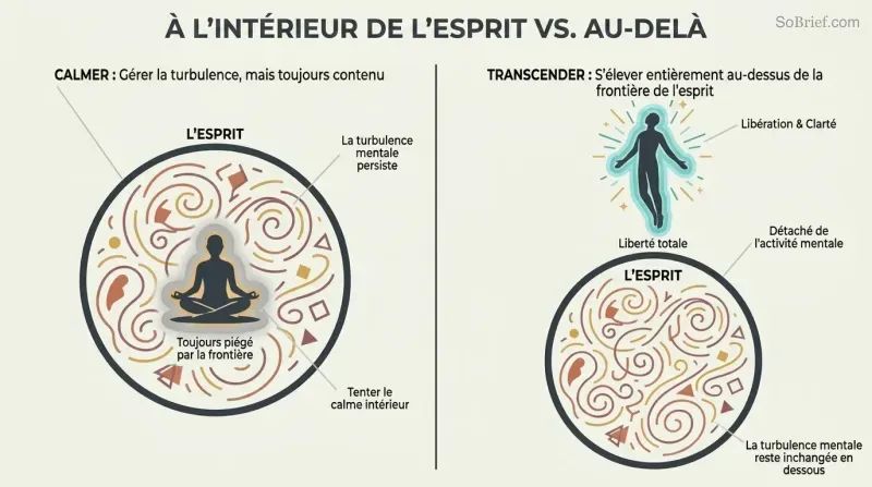Split panel showing a figure sitting inside a circle representing the mind on the left versus a figure risen above and free of the same circle on the right.