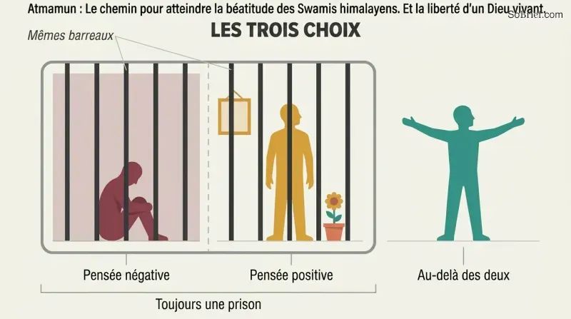 Three panels showing a dark prison cell, a decorated prison cell with identical bars, and a wide open space with no walls, revealing positive thinking as merely decorating the same confinement.