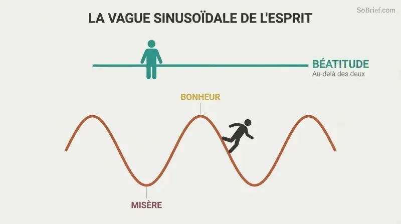 Sine wave cycling between happiness peaks and misery troughs below a still horizontal line labeled bliss, showing that peace lies beyond the oscillation.