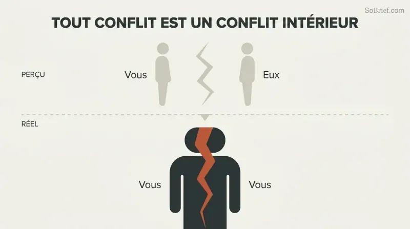 Two muted figures with conflict between them above a divider contrast with a single bold figure split by an internal crack below, revealing all conflict as self-conflict.