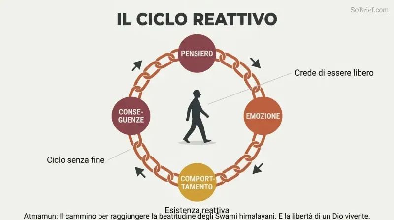 Circular chain made of four linked stages — thought, emotion, behavior, consequences — enclosing a small walking figure who mistakes the loop for an open path.