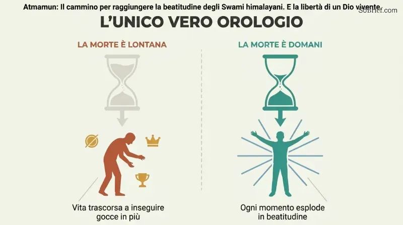 Split panel contrasting abstract versus visceral awareness of death, showing how a distant hourglass leads to wasted life while a nearly empty hourglass awakens bliss.