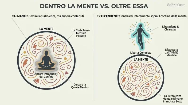 Split panel showing a figure sitting inside a circle representing the mind on the left versus a figure risen above and free of the same circle on the right.