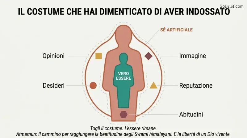 Nested silhouette diagram showing a burdened outer persona layer surrounding an unburdened inner being, with labels for reputation, desires, and habits attached only to the outer shell.