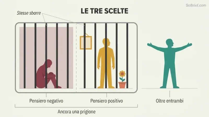 Three panels showing a dark prison cell, a decorated prison cell with identical bars, and a wide open space with no walls, revealing positive thinking as merely decorating the same confinement.