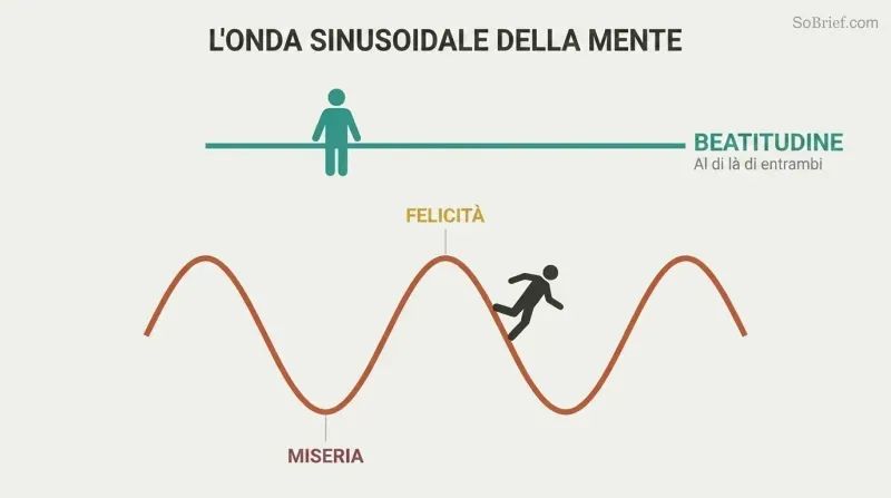 Sine wave cycling between happiness peaks and misery troughs below a still horizontal line labeled bliss, showing that peace lies beyond the oscillation.