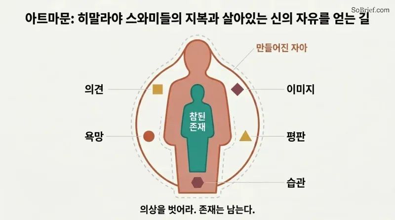 Nested silhouette diagram showing a burdened outer persona layer surrounding an unburdened inner being, with labels for reputation, desires, and habits attached only to the outer shell.
