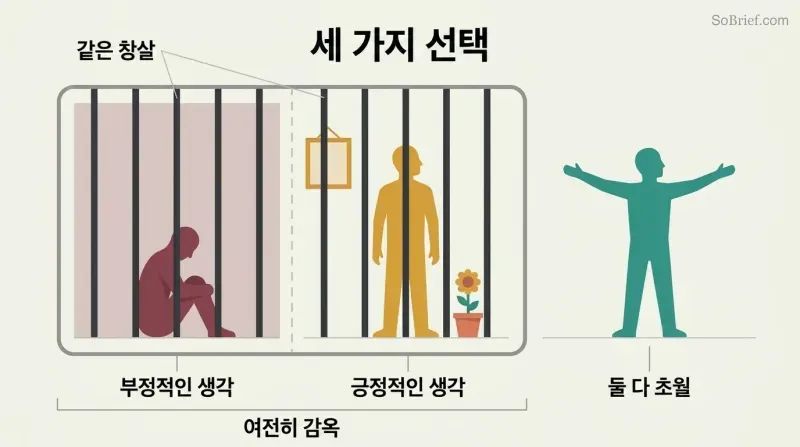Three panels showing a dark prison cell, a decorated prison cell with identical bars, and a wide open space with no walls, revealing positive thinking as merely decorating the same confinement.