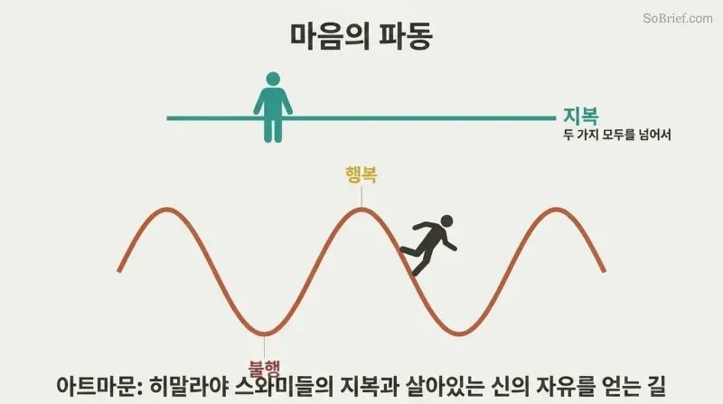 Sine wave cycling between happiness peaks and misery troughs below a still horizontal line labeled bliss, showing that peace lies beyond the oscillation.