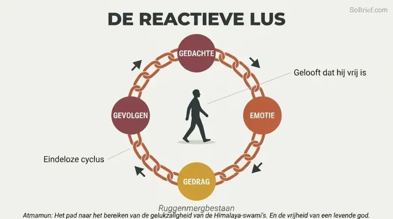 Circular chain made of four linked stages — thought, emotion, behavior, consequences — enclosing a small walking figure who mistakes the loop for an open path.