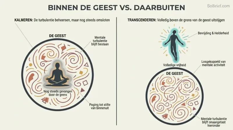 Split panel showing a figure sitting inside a circle representing the mind on the left versus a figure risen above and free of the same circle on the right.