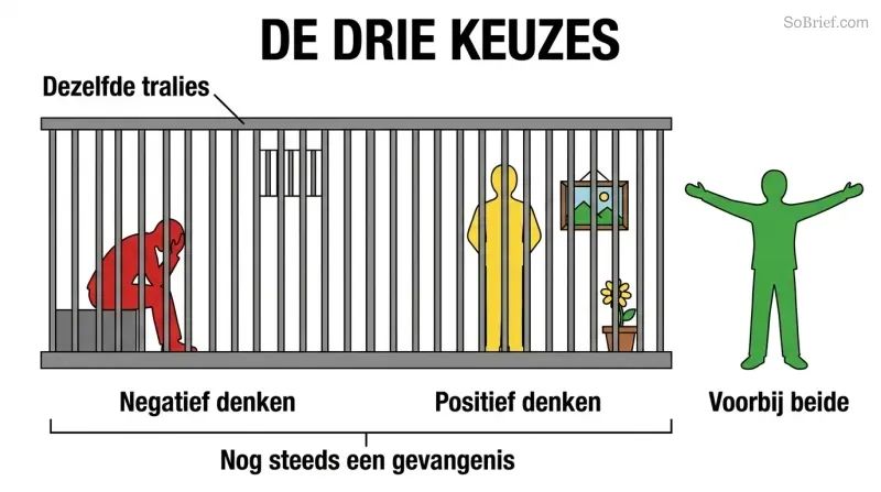 Three panels showing a dark prison cell, a decorated prison cell with identical bars, and a wide open space with no walls, revealing positive thinking as merely decorating the same confinement.