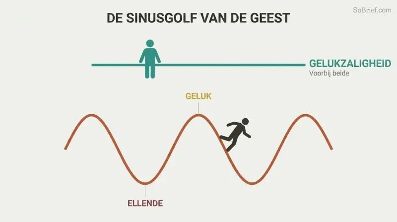 Sine wave cycling between happiness peaks and misery troughs below a still horizontal line labeled bliss, showing that peace lies beyond the oscillation.