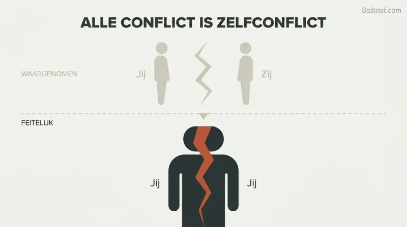 Two muted figures with conflict between them above a divider contrast with a single bold figure split by an internal crack below, revealing all conflict as self-conflict.