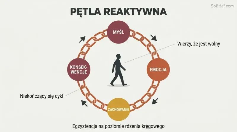 Circular chain made of four linked stages — thought, emotion, behavior, consequences — enclosing a small walking figure who mistakes the loop for an open path.