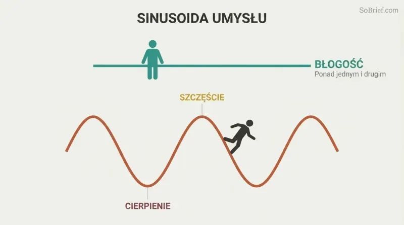 Sine wave cycling between happiness peaks and misery troughs below a still horizontal line labeled bliss, showing that peace lies beyond the oscillation.