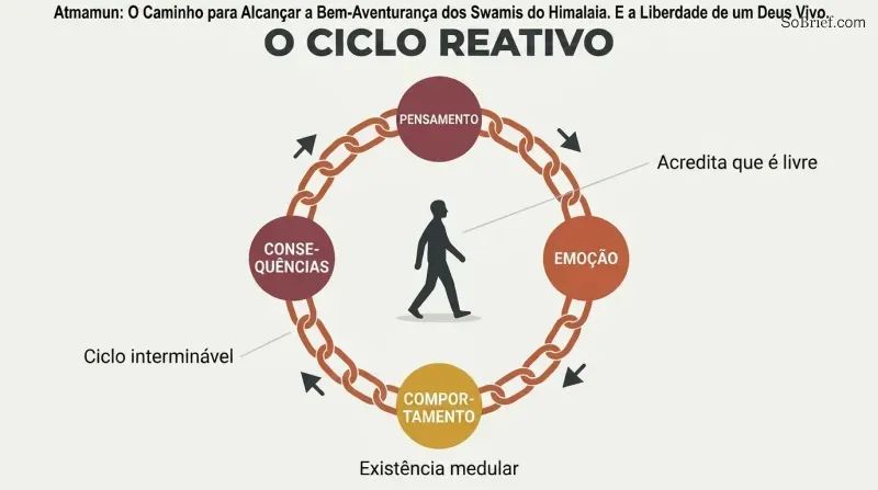 Circular chain made of four linked stages — thought, emotion, behavior, consequences — enclosing a small walking figure who mistakes the loop for an open path.
