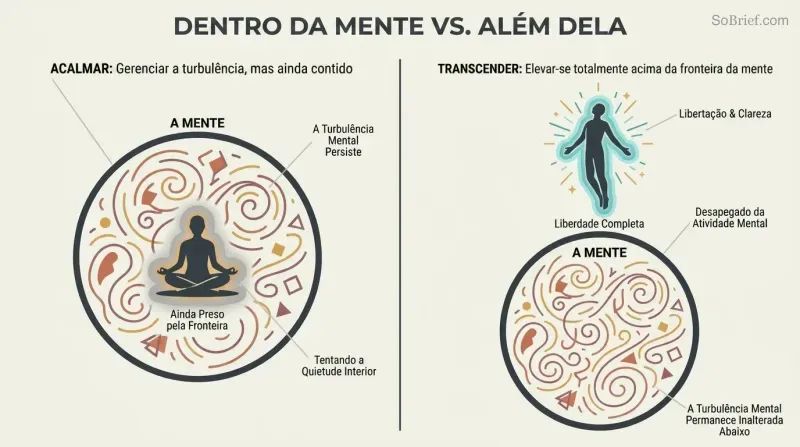 Split panel showing a figure sitting inside a circle representing the mind on the left versus a figure risen above and free of the same circle on the right.