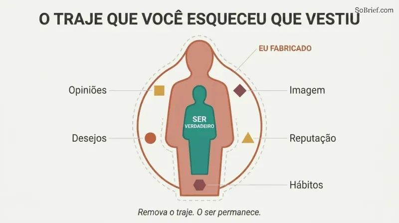 Nested silhouette diagram showing a burdened outer persona layer surrounding an unburdened inner being, with labels for reputation, desires, and habits attached only to the outer shell.