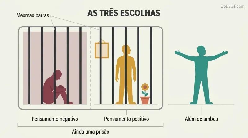 Three panels showing a dark prison cell, a decorated prison cell with identical bars, and a wide open space with no walls, revealing positive thinking as merely decorating the same confinement.