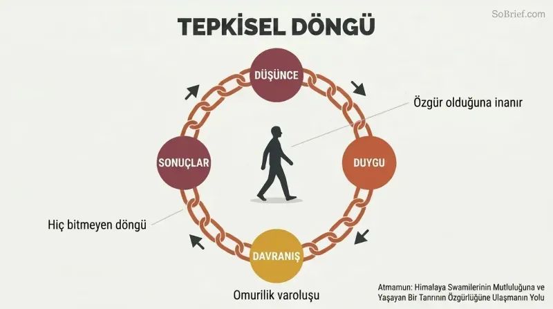 Circular chain made of four linked stages — thought, emotion, behavior, consequences — enclosing a small walking figure who mistakes the loop for an open path.