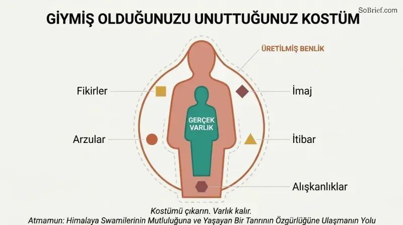 Nested silhouette diagram showing a burdened outer persona layer surrounding an unburdened inner being, with labels for reputation, desires, and habits attached only to the outer shell.