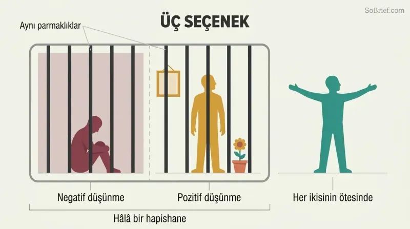 Three panels showing a dark prison cell, a decorated prison cell with identical bars, and a wide open space with no walls, revealing positive thinking as merely decorating the same confinement.