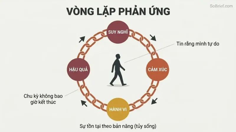 Circular chain made of four linked stages — thought, emotion, behavior, consequences — enclosing a small walking figure who mistakes the loop for an open path.