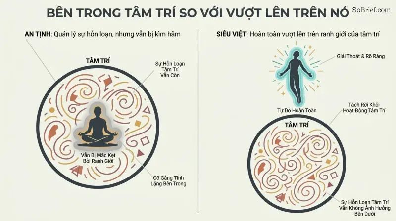 Split panel showing a figure sitting inside a circle representing the mind on the left versus a figure risen above and free of the same circle on the right.