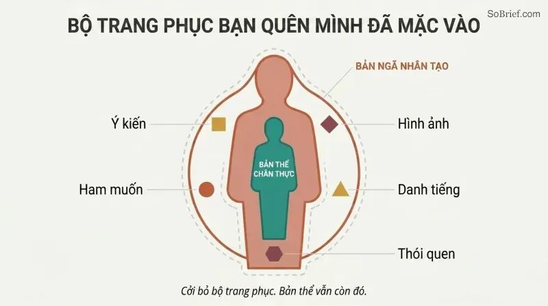 Nested silhouette diagram showing a burdened outer persona layer surrounding an unburdened inner being, with labels for reputation, desires, and habits attached only to the outer shell.