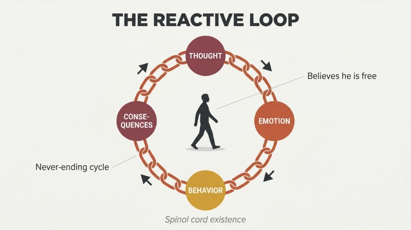 Circular chain made of four linked stages — thought, emotion, behavior, consequences — enclosing a small walking figure who mistakes the loop for an open path.