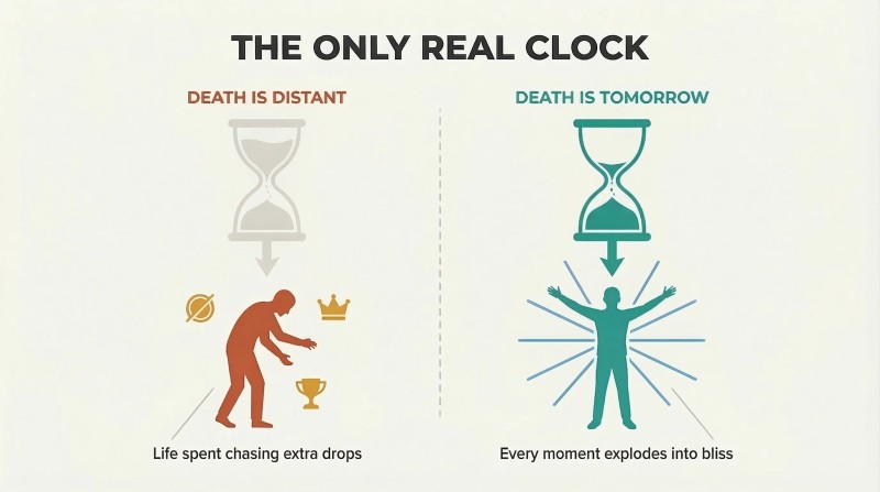 Split panel contrasting abstract versus visceral awareness of death, showing how a distant hourglass leads to wasted life while a nearly empty hourglass awakens bliss.