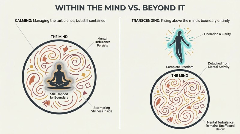 Split panel showing a figure sitting inside a circle representing the mind on the left versus a figure risen above and free of the same circle on the right.