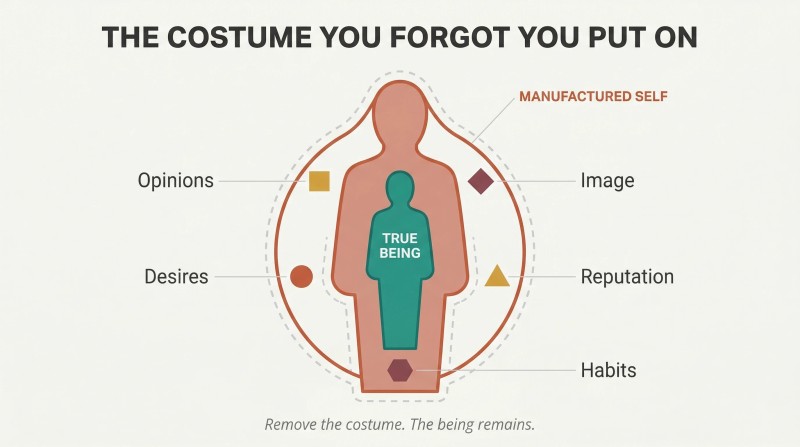 Nested silhouette diagram showing a burdened outer persona layer surrounding an unburdened inner being, with labels for reputation, desires, and habits attached only to the outer shell.