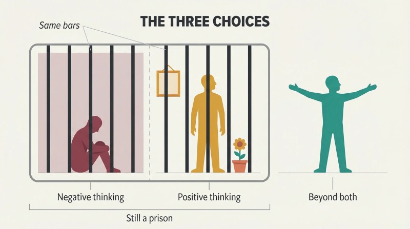 Three panels showing a dark prison cell, a decorated prison cell with identical bars, and a wide open space with no walls, revealing positive thinking as merely decorating the same confinement.