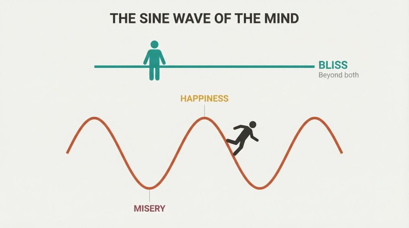Sine wave cycling between happiness peaks and misery troughs below a still horizontal line labeled bliss, showing that peace lies beyond the oscillation.