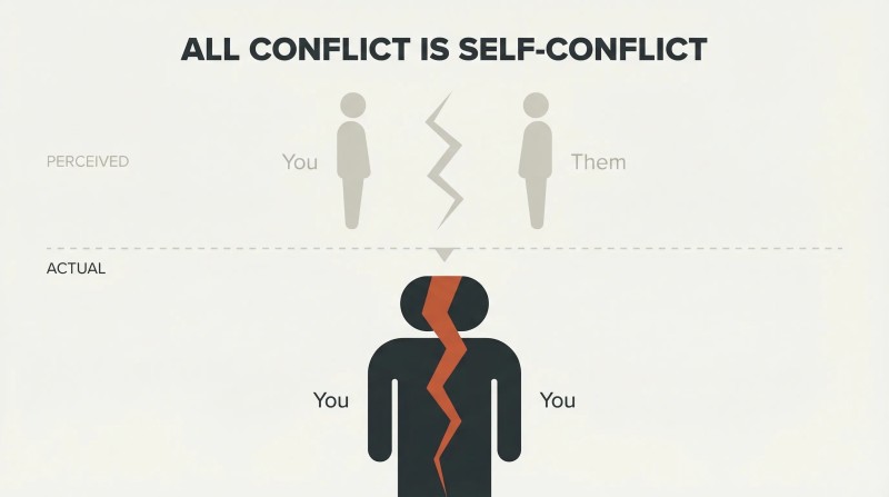 Two muted figures with conflict between them above a divider contrast with a single bold figure split by an internal crack below, revealing all conflict as self-conflict.