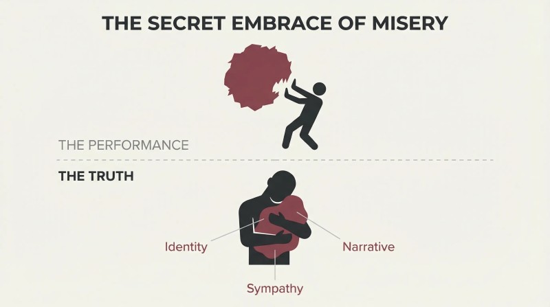 Two-panel reveal showing a figure appearing to push away a dark mass above a dividing line, while secretly cradling it close below, with hidden gains of identity, narrative, and sympathy radiating outward.