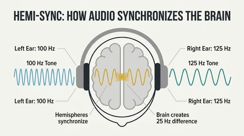 Symmetrical diagram of a brain wearing headphones, showing how slightly different sound frequencies in each ear force both hemispheres to generate a third, unified frequency to synchronize together.