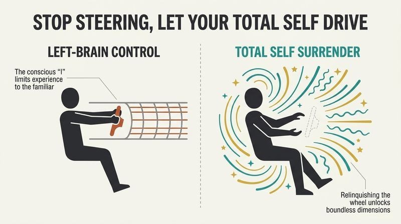 Split panel diagram comparing a rigid driver gripping a steering wheel on a narrow path with a relaxed driver letting go of the wheel into a vast energy field.