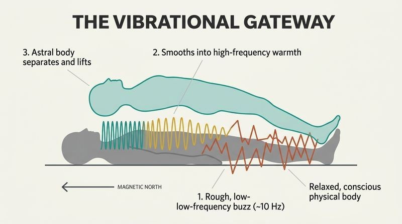 Diagram showing a relaxed physical body aligned with magnetic north, transitioning from rough low-frequency vibrations to smooth high-frequency waves, allowing a subtle astral body to separate and lift upward.