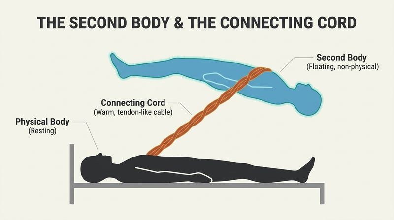 Minimalist diagram showing a dark silhouette of a physical body resting at the bottom, with a light blue semi-transparent second body floating above it, linked together by a thick orange connecting cord at the shoulder blades.