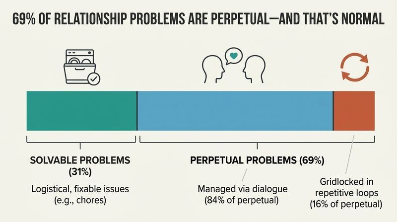 Proportional bar diagram showing relationship conflicts split into 31% solvable problems and 69% perpetual problems, with the perpetual section sub-divided into managed dialogue and gridlocked loops.