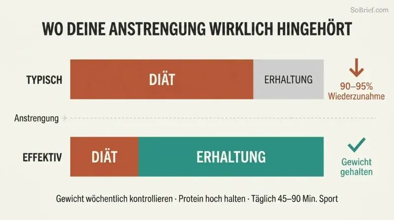 Two horizontal bars comparing typical effort allocation heavily weighted toward dieting against effective allocation heavily weighted toward maintenance, with diverging outcomes.