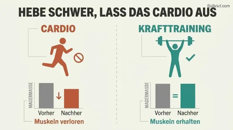 Split panel comparing cardio and weight training during a crash diet, showing cardio loses muscle while lifting preserves it.