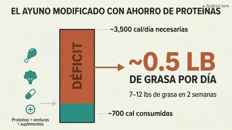 Proportion diagram showing a narrow bar of 700 calories consumed against a tall bar of 3,500 calories needed, with the massive gap representing daily fat loss of half a pound.