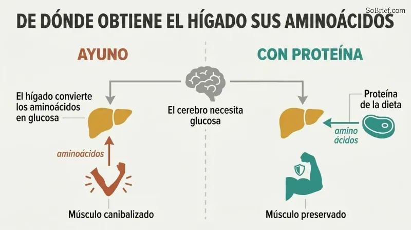 Split panel comparing starvation where the liver takes amino acids from muscle causing it to shrink, versus protein intake where dietary amino acids spare the muscle.
