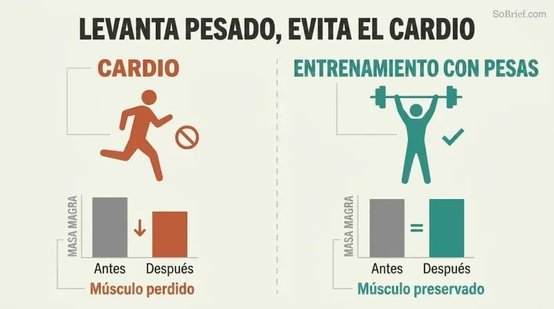 Split panel comparing cardio and weight training during a crash diet, showing cardio loses muscle while lifting preserves it.