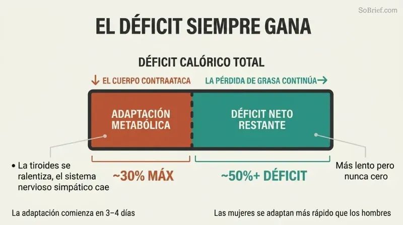Horizontal bar showing a 50%+ caloric deficit with metabolic adaptation reclaiming only 30%, leaving a persistent fat-loss gap that never closes.